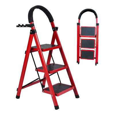 Escalera De Acero Inoxidable Tubular Tipo Tijera Plegable De 3 Peldaños Multifuncional Con Escalones Antiderrapantes Y Porta-herramientas. Color Rojo | Envío gratis
