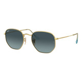 Óculos De Sol Ray-ban Round Hexagonal Flat Lenses Médio Armação De Aço Cor Polished Gold, Lente Blue De Cristal Degradada, Haste Polished Gold De Aço - Rb3548n