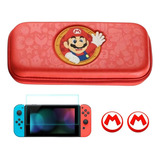 Estuche De Diseño Mario R + 2 Grips + Vidrio Nintendo Switch