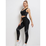 Conjunto Deportivo Lycra Tiro Alto + Crop Top Negro Ref 5070