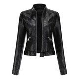 Chaqueta Corta De Cuero Con Cuello Alto Para Mujer