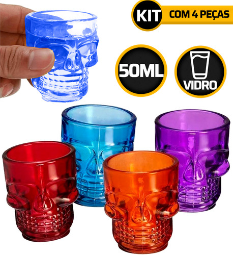 Kit 4 Copos Dose Shot Caveira Multicolorido Vidro Drilk 50ml