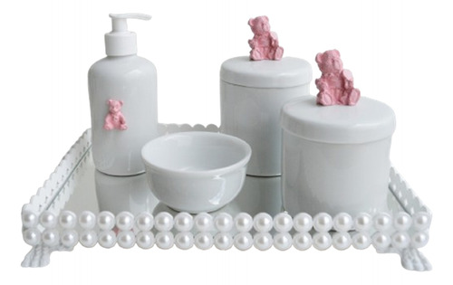 Kit Higiene Bebê Porcelana Perola Bandeja Branca Rosa Coroa