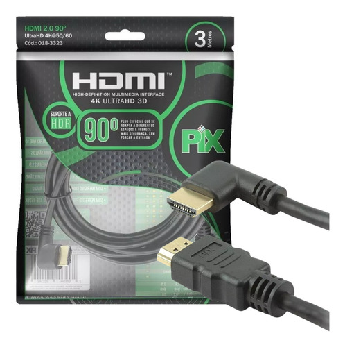 Cabo Hdmi L 3m 90 Graus Blindado 2.0 Ethernet 3 Metros 4k