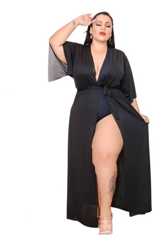 Saída De Praia Longa Vestido Canga Manga Kimono Plus Size