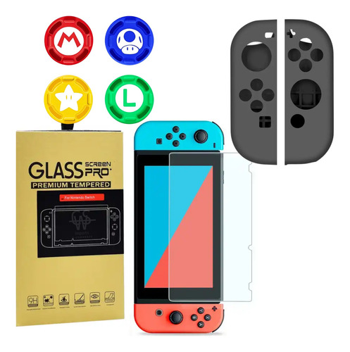 Pelicula Nintendo Switch + Capa Silicone Joy Con + 4 Grip