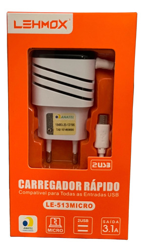  Carregador Celular Micro Usb V8 Rápido P/ Samsung Motorola