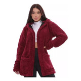 Teddy Casaco Max Forrado Capuz Bolso Sobretudo Feminino Frio