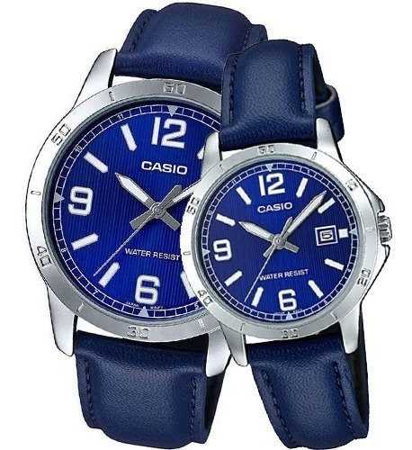 Pareja Reloj Casio Mtpv004 + Ltp V004 Piel Azul Fechador 