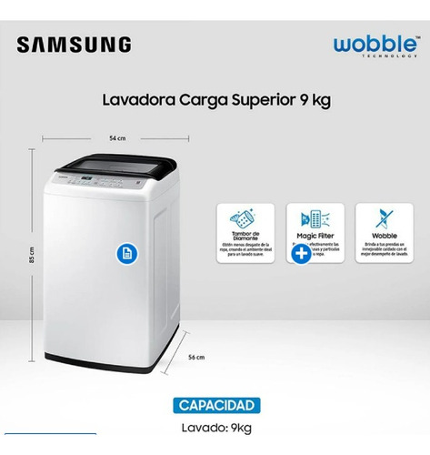 Lavadora Automática Samsung Wa90h4400sw1zs Blanca 9kg 220 v