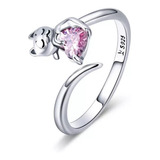 Anillo Plata Esterlina 925 Gato Corazon Rosa Dama Ajustable