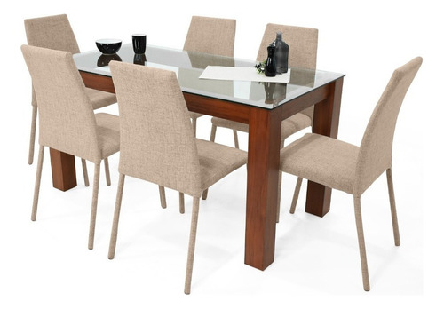 Comedor Turín Cedro 6 Puestos Sillas Venecia En Tela Color Beige Diseño De La Tela De Las Sillas Poliéster