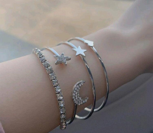 Pulseira Bracelete 4 Unidades Coração Lua Estrelas Strass