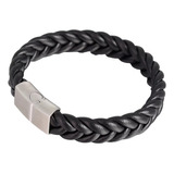 Pulsera Hombre Cuero Trenzado Y Acero Broche Magnético