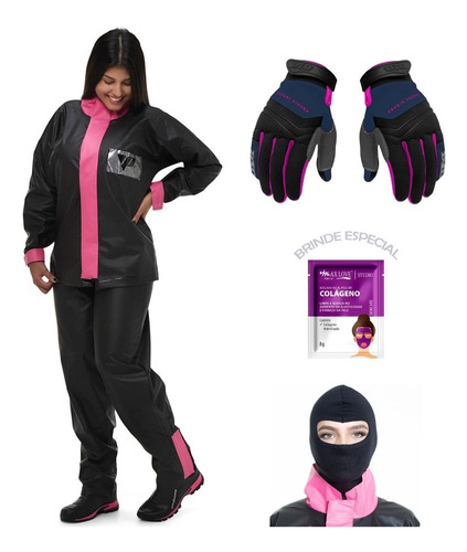 Kit Capa De Chuva E Luva X11 Feminina, Balaclava Grátis Moto