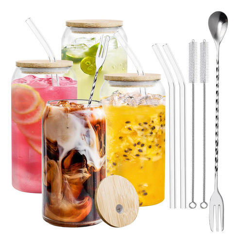 4 Vasos De Vidrio Con Tapas De Bambu Y Pajitas De Vidrio Y C