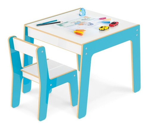 Conjunto Mesa Mesinha E Cadeira Infantil Madeira Azul Junges