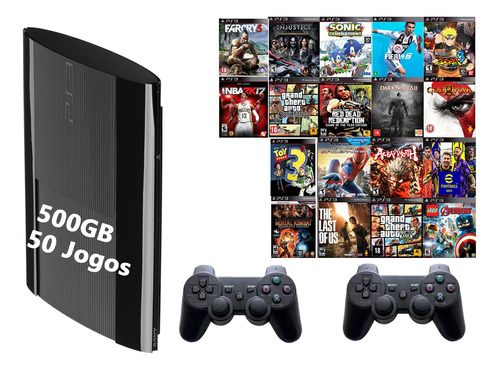 Sony Playstation 3 Slim + 2 Controles + 50 J0g0s + Leitor De Cd + Gta V + Minecraft + Lego + Spider Man + Garantia