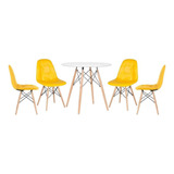 Kit Jantar Eames Wood Mesa 80 Cm 4 Cadeiras Estofada Botone Tampa Mesa Branco Com Cadeiras Amarelo