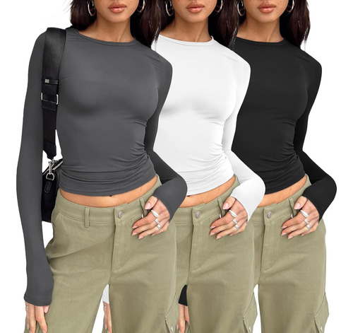 Womens 3 Piece Long Sleeve Shirts Basic Crop Tops Going Out 