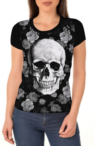 Camiseta/camisa Feminina Caveira Rock -  Skull Baby Look