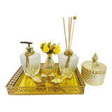 Kit Lavabo Luxo Dourado Branco Difusor Pote Vaso Bandeja