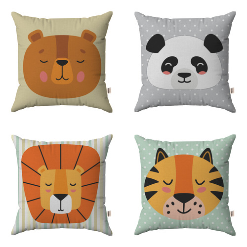 Kit 4 Capas Almofadas Safari Infantil Leão Tigre Urso Panda