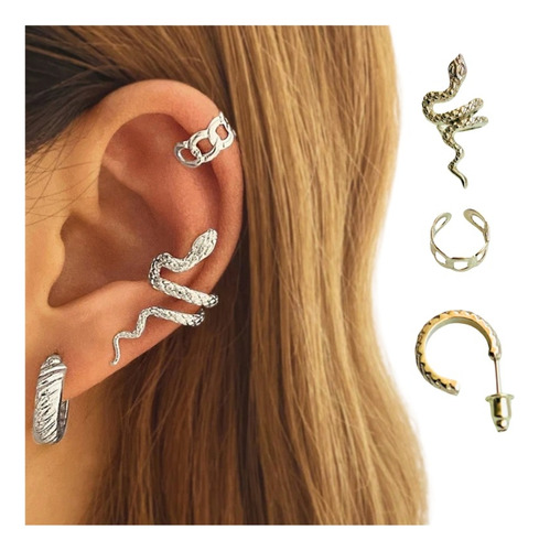 Aretes Mujer Solitario Set Ear Cuff Set Serpiente Plateado