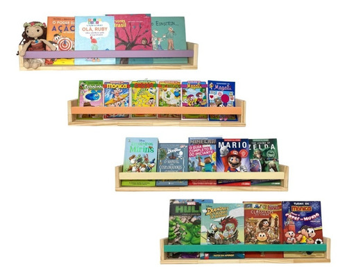 Kit 4 Prateleiras Livro Infantil Montessori Em Pinus - 80cm