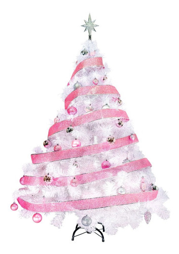 Arbol Navidad Blanco Montañes Deluxe 1.50m + Deco Kit Rosa 