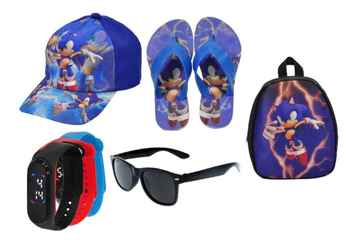 Kit Personagem Infantil Chinelo Óculos Relógio Boné Mochila 