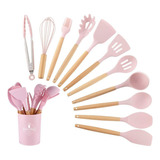 Set 12 Utensilios Cocina Mango Silicona Y Madera Repostería