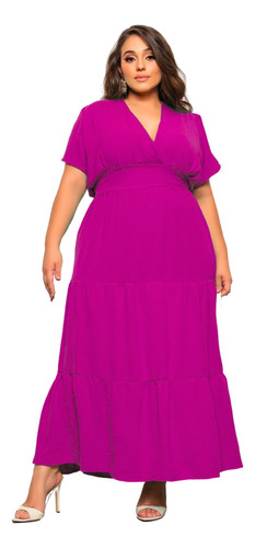 Vestido Longo Plus Size Saia Três Marias Decote V Linha Gold