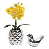 Kit Decoração Sala Vasinho Com Orquídea Passarinho Cerâmica
