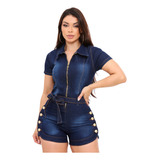 Macaquinho Jeans Feminino Com Mangas E Lycra