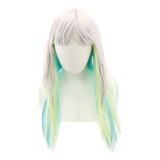 Peruca Com Franja E Mechas Azul Verde E Branco Fantasia 60cm