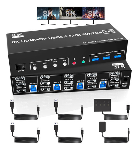 8k 60hz 2 Displayport +hdmi Usb3.0 Kvm Switch 3 Monitores 4