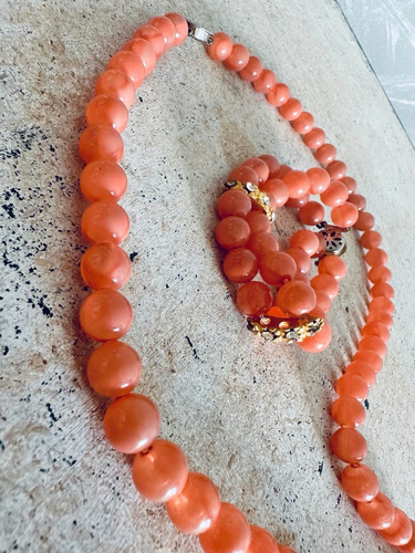 Collar Y Pulsera De Perlas Acrílicas Simil Coral Vintage