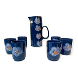 Juego De 6 Vasos + Jarra Vino Ceramica Blue Flowers