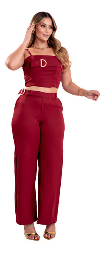 Calça Pantalona + Cropped Conjunto Feminino Vermelho