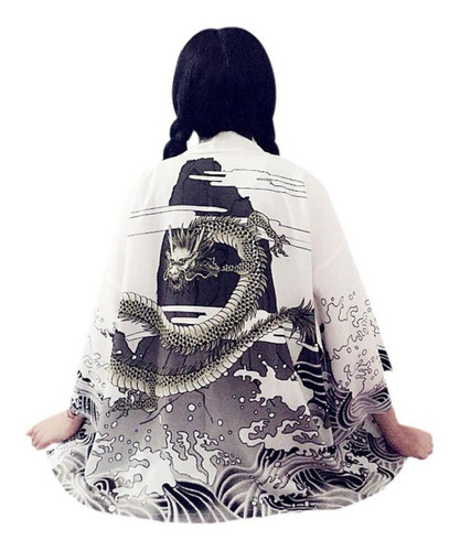 Kimono Cardigan Verano Vestido Japones Dama Chifon Dragon
