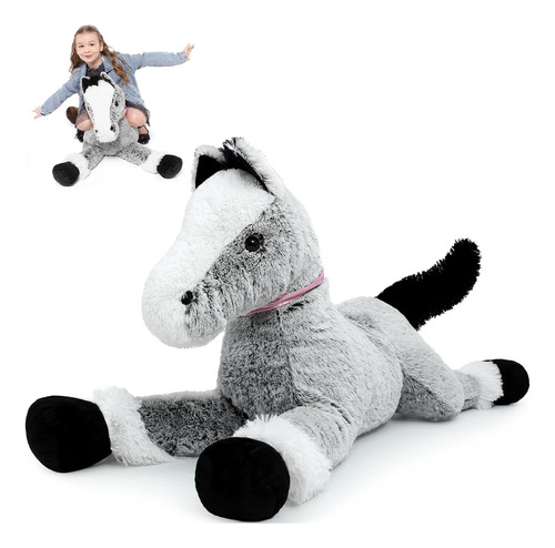 Caballo Gigante De Peluche 90 Cm Suave Abrazable Gris