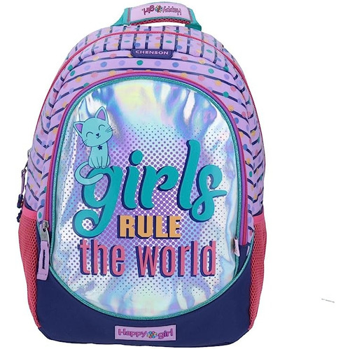 Mochila Grande Escolar Original Chenson Portatablet Happy Girl Gatito Kitty Gato Holograma Tornasol Girls Rule The World Primaria Secundaria Niña