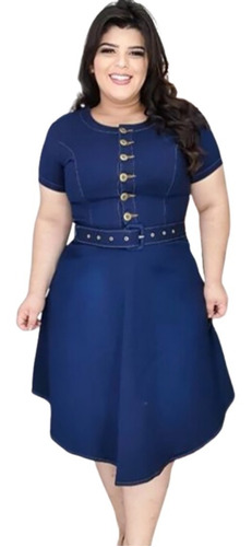 Vestido Moda Evangélica Jeans Plus Size Midi Lycra Lançament