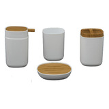 Set De Baño Blanco Bambú Dispenser Jabonera P/ Cepillos Vaso