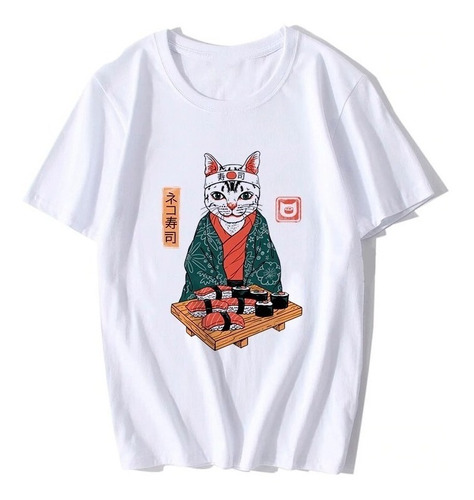 Camisa Camiseta Gato Comendo Sushi Anime Japão