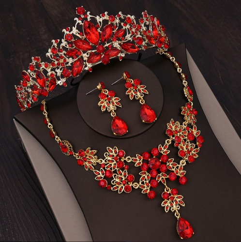 Conjunto Tiara Colar E Brinco Cabelo Noiva Vermelho Luxo 048