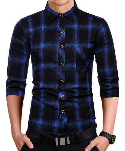 Camisa Manga Larga Cuadros Para Hombre Moda Slim Fit