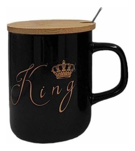 Mug King En Color Negro Con Tapa Madera Y Cuchara Metálica