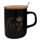 Mug King En Color Negro Con Tapa Madera Y Cuchara Metálica